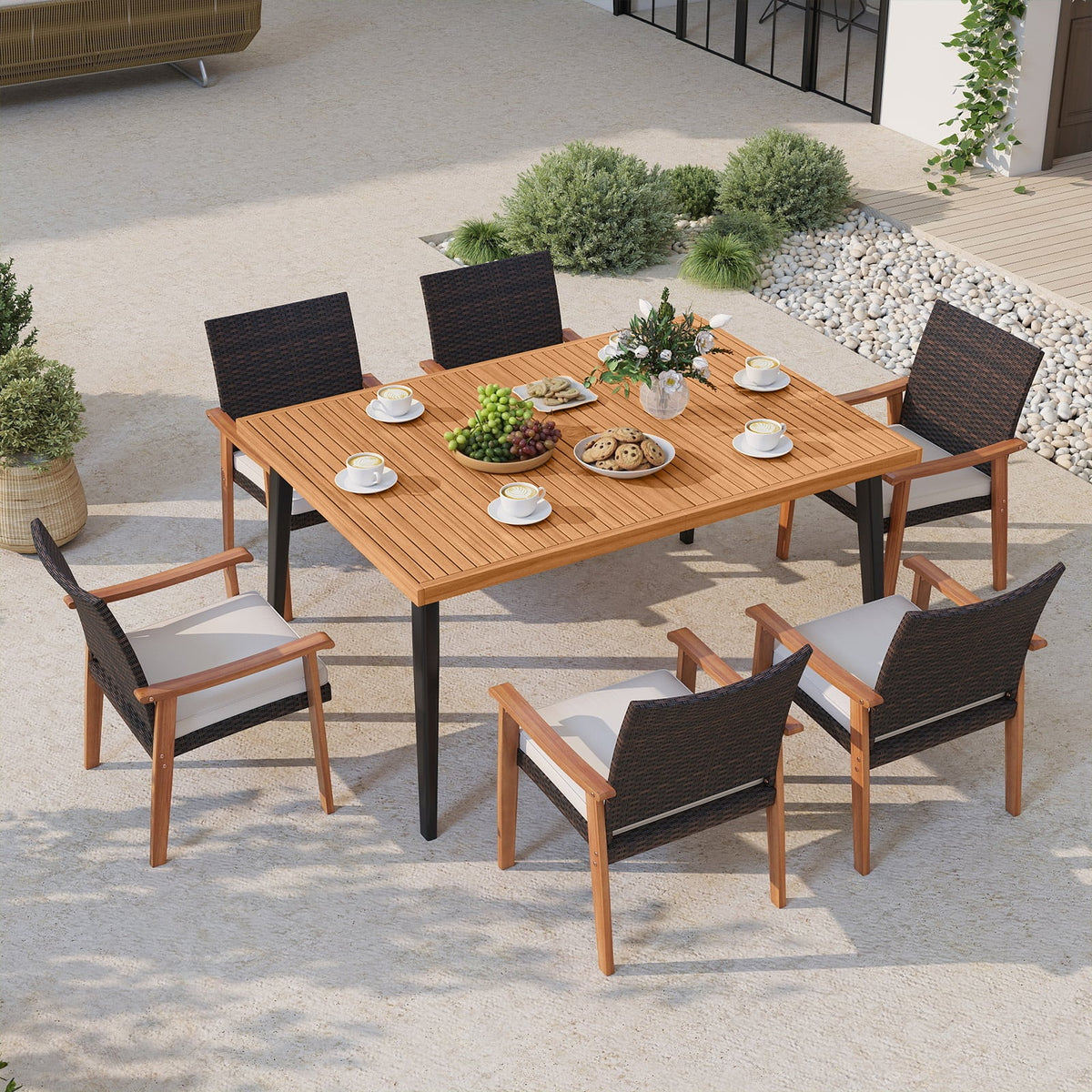 63 Inches Outdoor Indoor Dining Table with 1.97 Inches Umbrella Hole and Metal Legs-Patio Dining Tables-DECOROLALA