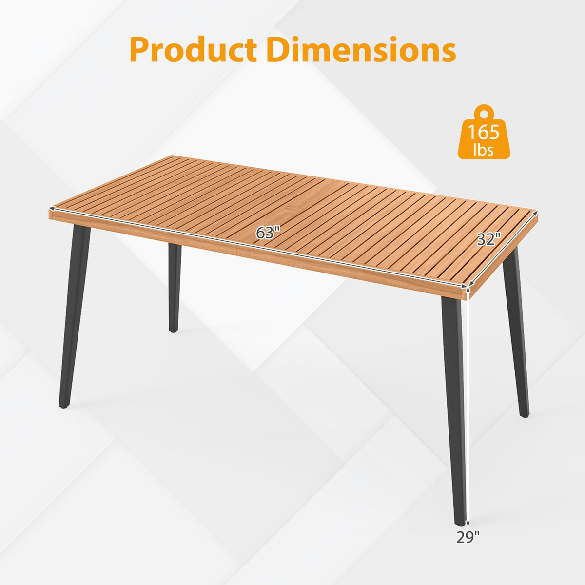 63 Inches Outdoor Indoor Dining Table with 1.97 Inches Umbrella Hole and Metal Legs-Patio Dining Tables-DECOROLALA
