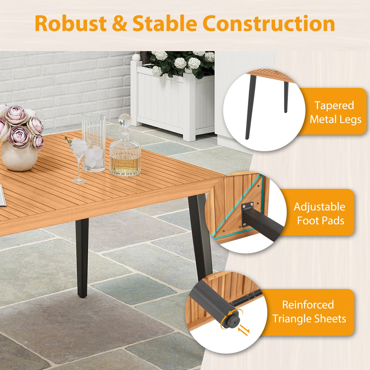 63 Inches Outdoor Indoor Dining Table with 1.97 Inches Umbrella Hole and Metal Legs-Patio Dining Tables-DECOROLALA