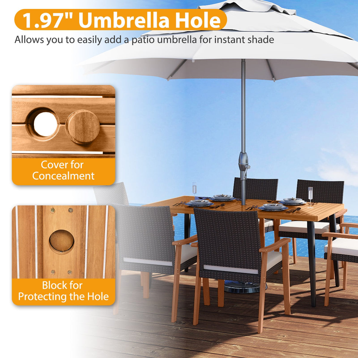 63 Inches Outdoor Indoor Dining Table with 1.97 Inches Umbrella Hole and Metal Legs-Patio Dining Tables-DECOROLALA