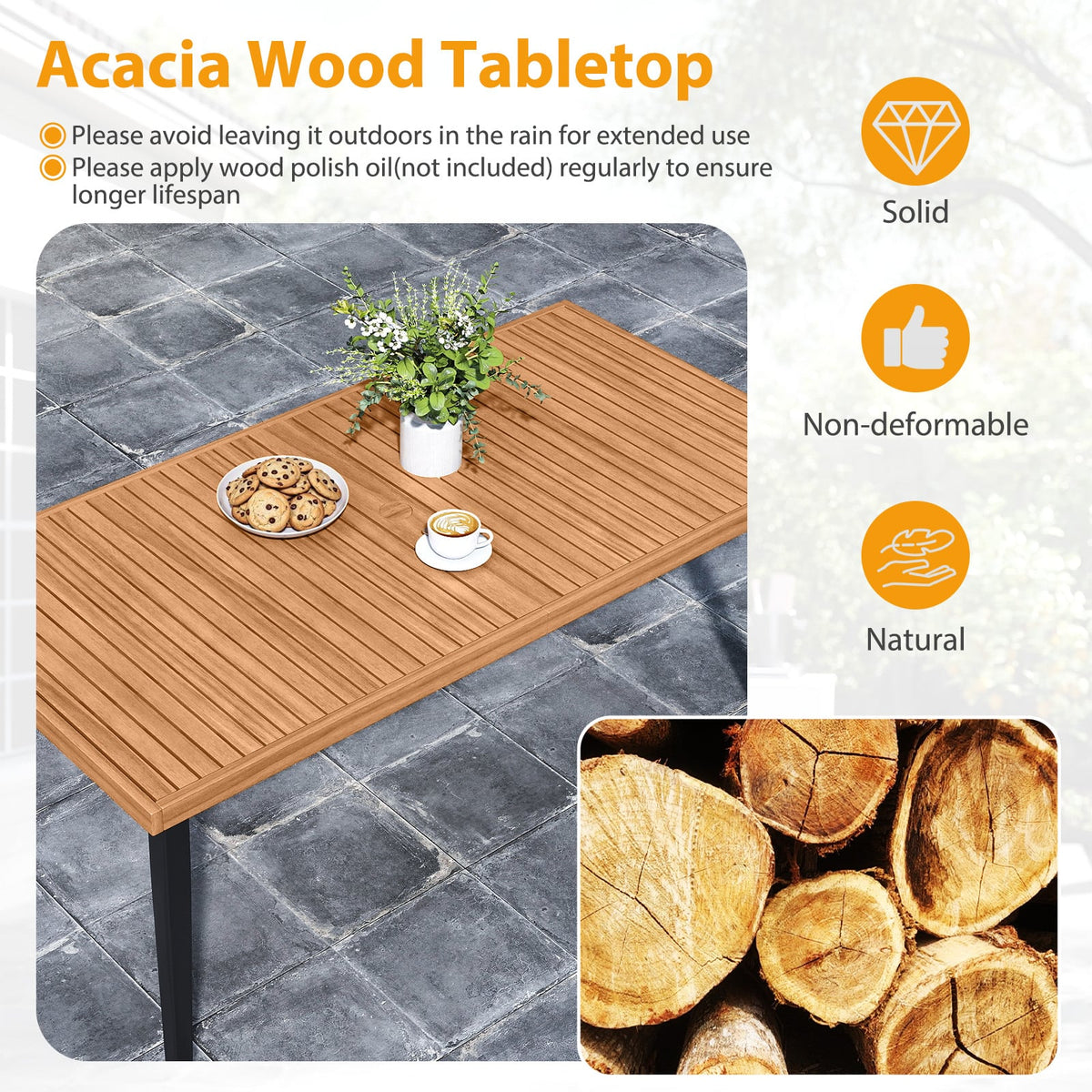 63 Inches Outdoor Indoor Dining Table with 1.97 Inches Umbrella Hole and Metal Legs-Patio Dining Tables-DECOROLALA