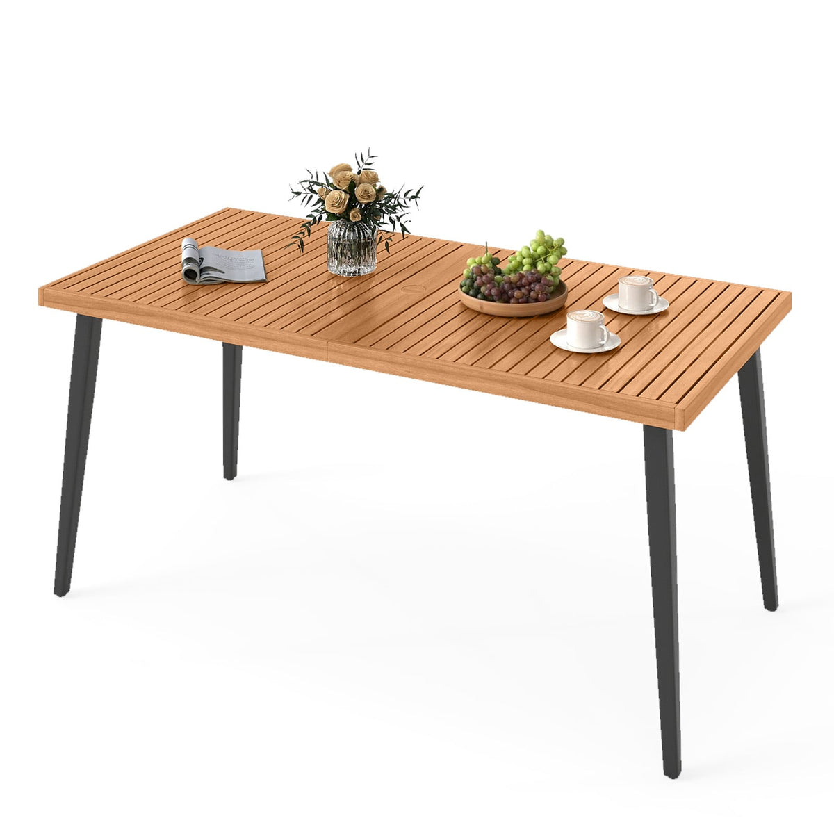 63 Inches Outdoor Indoor Dining Table with 1.97 Inches Umbrella Hole and Metal Legs-Patio Dining Tables-DECOROLALA