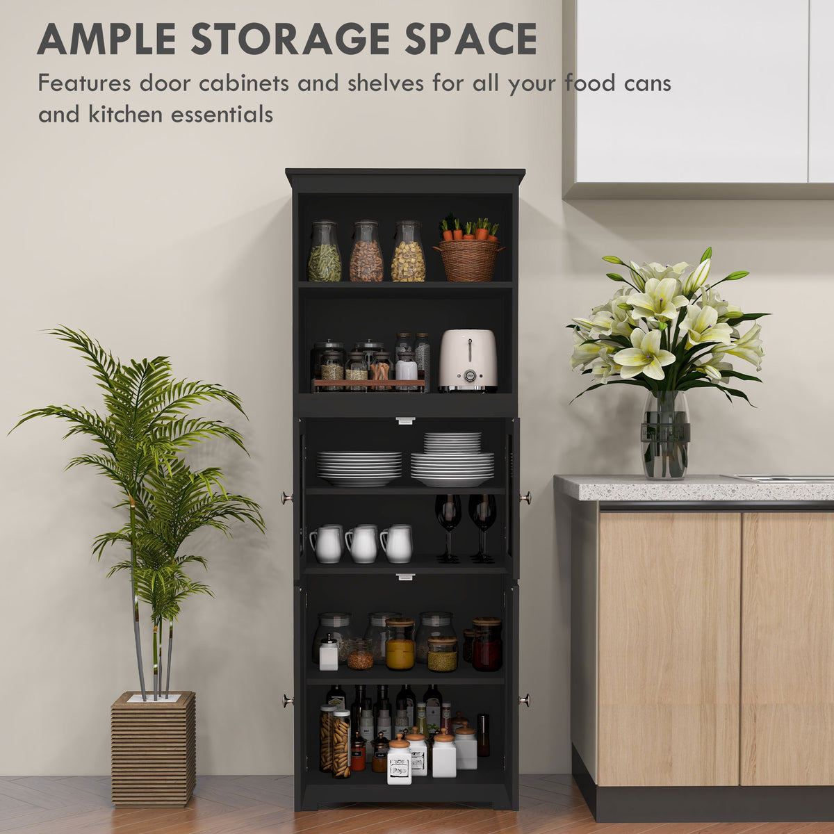 63" Kitchen Pantry Cabinet - Black Buffet with Hutch-Home Furnishings > Storage & Organization > Kitchen Pantry Cabinets-DECOROLALA