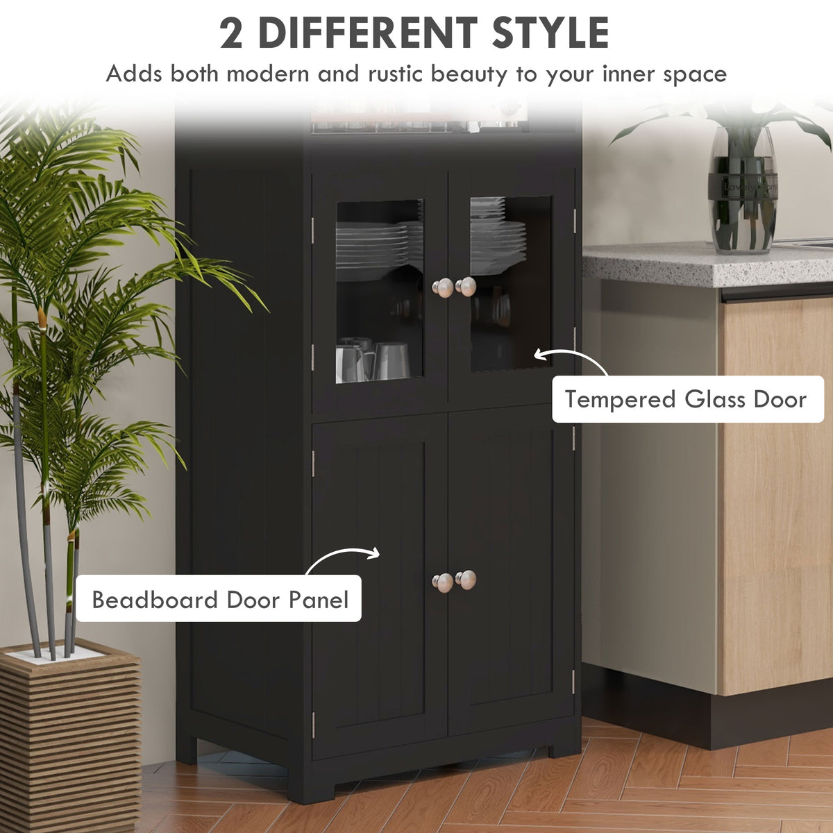 63" Kitchen Pantry Cabinet - Black Buffet with Hutch-Home Furnishings > Storage & Organization > Kitchen Pantry Cabinets-DECOROLALA