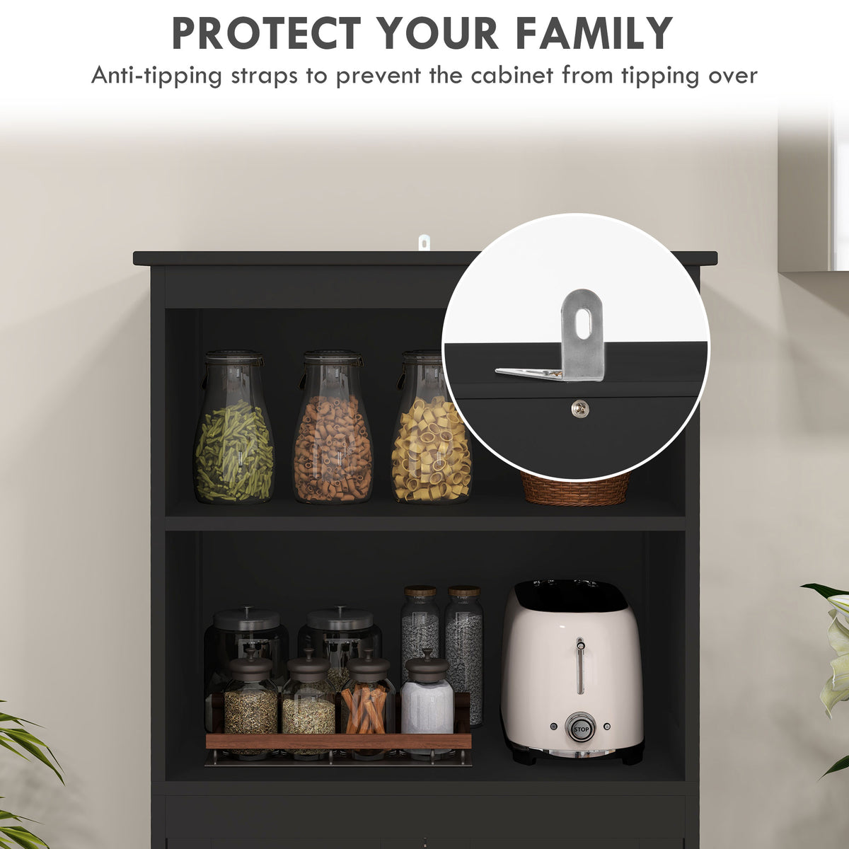 63" Kitchen Pantry Cabinet - Black Buffet with Hutch-Home Furnishings > Storage & Organization > Kitchen Pantry Cabinets-DECOROLALA