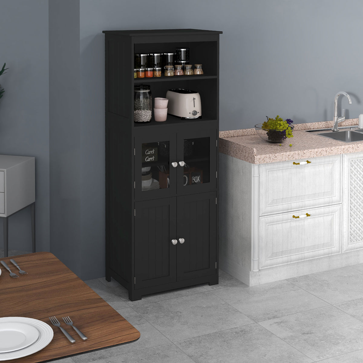 63" Kitchen Pantry Cabinet - Black Buffet with Hutch-Home Furnishings > Storage & Organization > Kitchen Pantry Cabinets-DECOROLALA