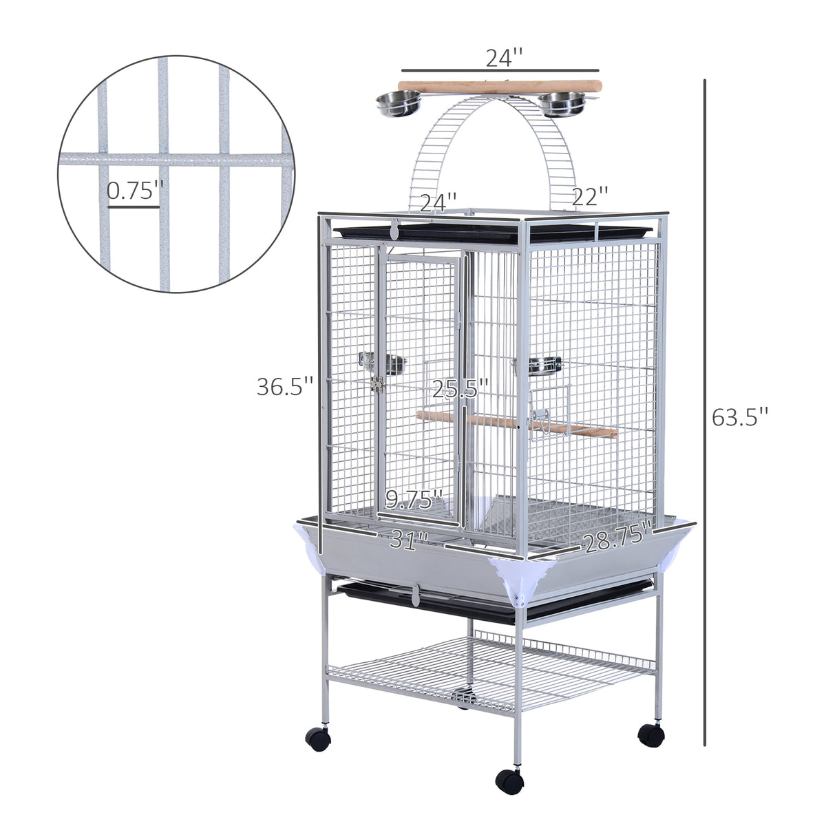 63" Large Parrot Cage with Play Top and Wheels - Silver Steel-Birds-DECOROLALA