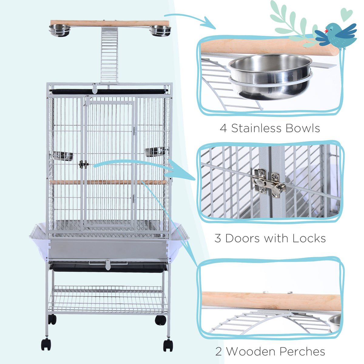 63" Large Parrot Cage with Play Top and Wheels - Silver Steel-Birds-DECOROLALA