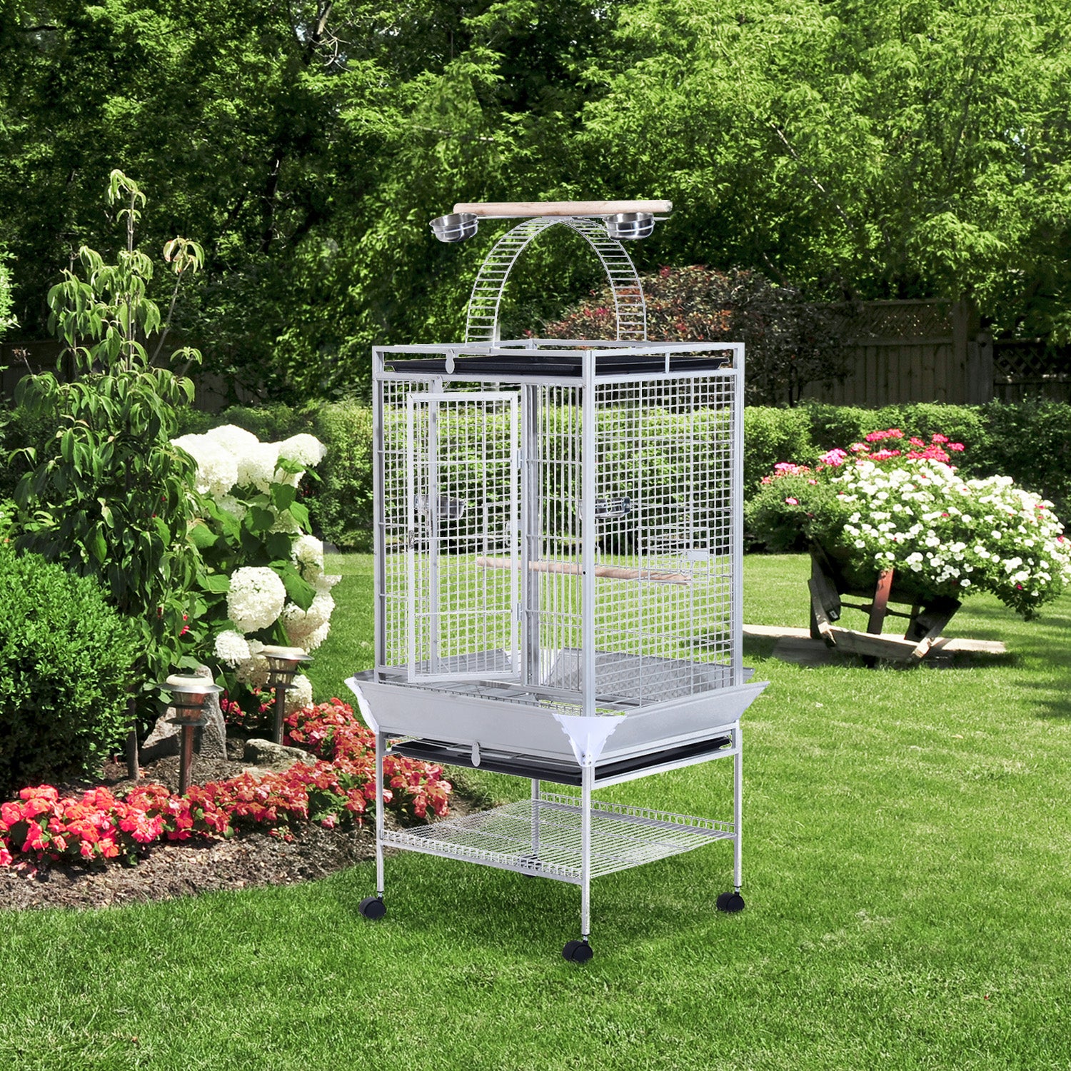 63" Large Parrot Cage with Play Top and Wheels - Silver Steel-Birds-DECOROLALA