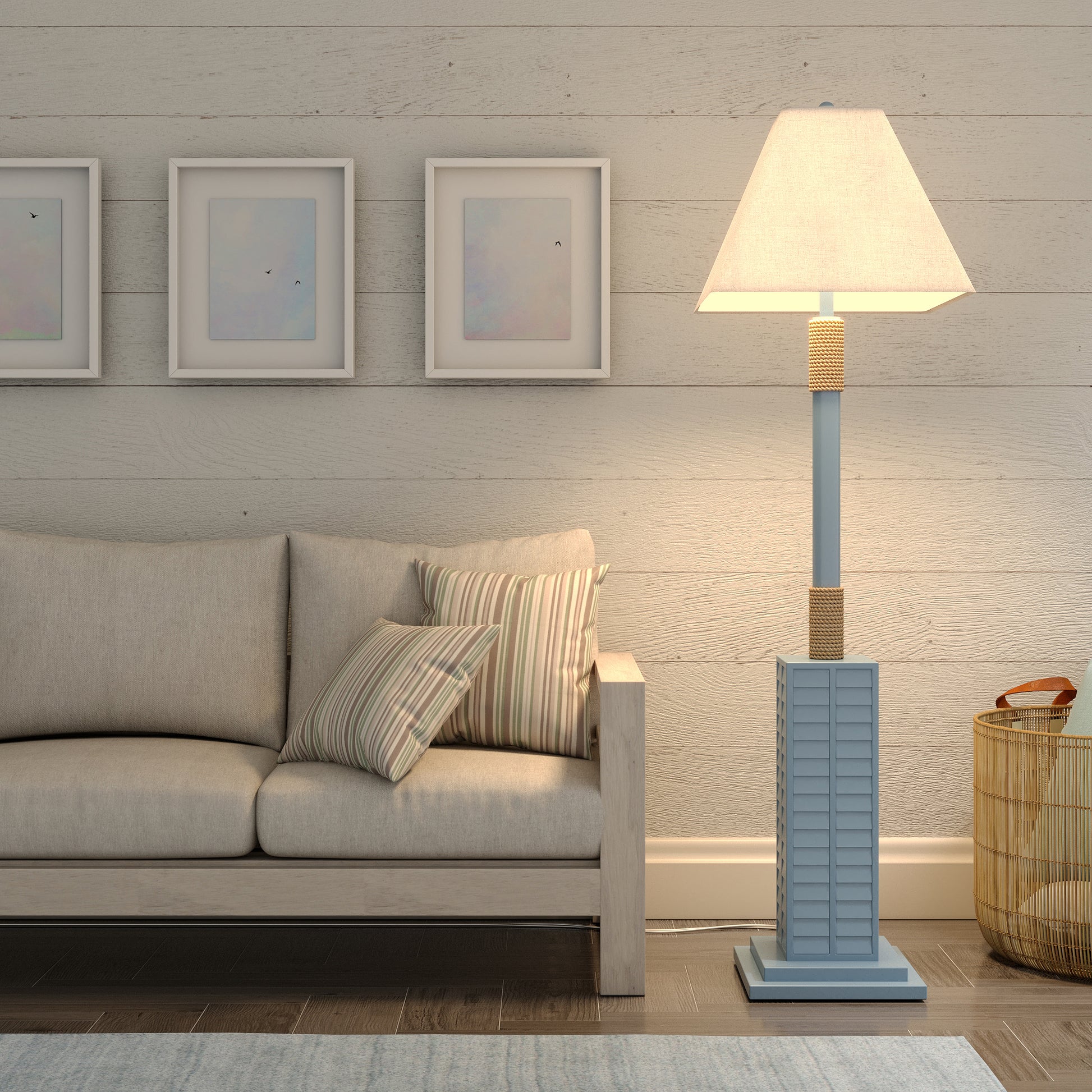 63" Light Blue Polyresin Floor Lamp With Tan Linen Shade-Floor Lamps-DECOROLALA
