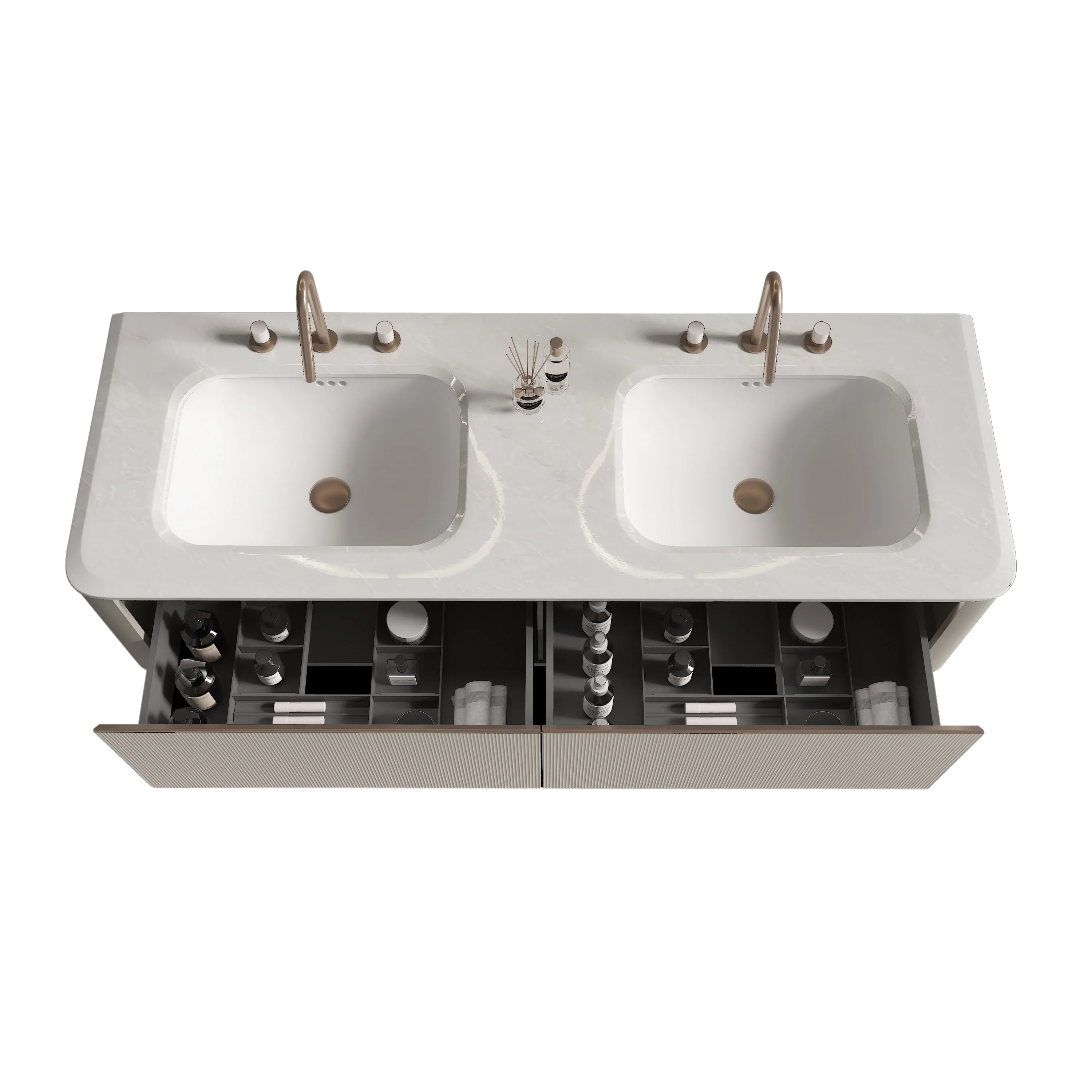 63" Milky Brown Floating LED Vanity with Kari Ice Jade Marble Countertop & Double Ceramic Sinks-Migration_Bathroom Vanities-DECOROLALA