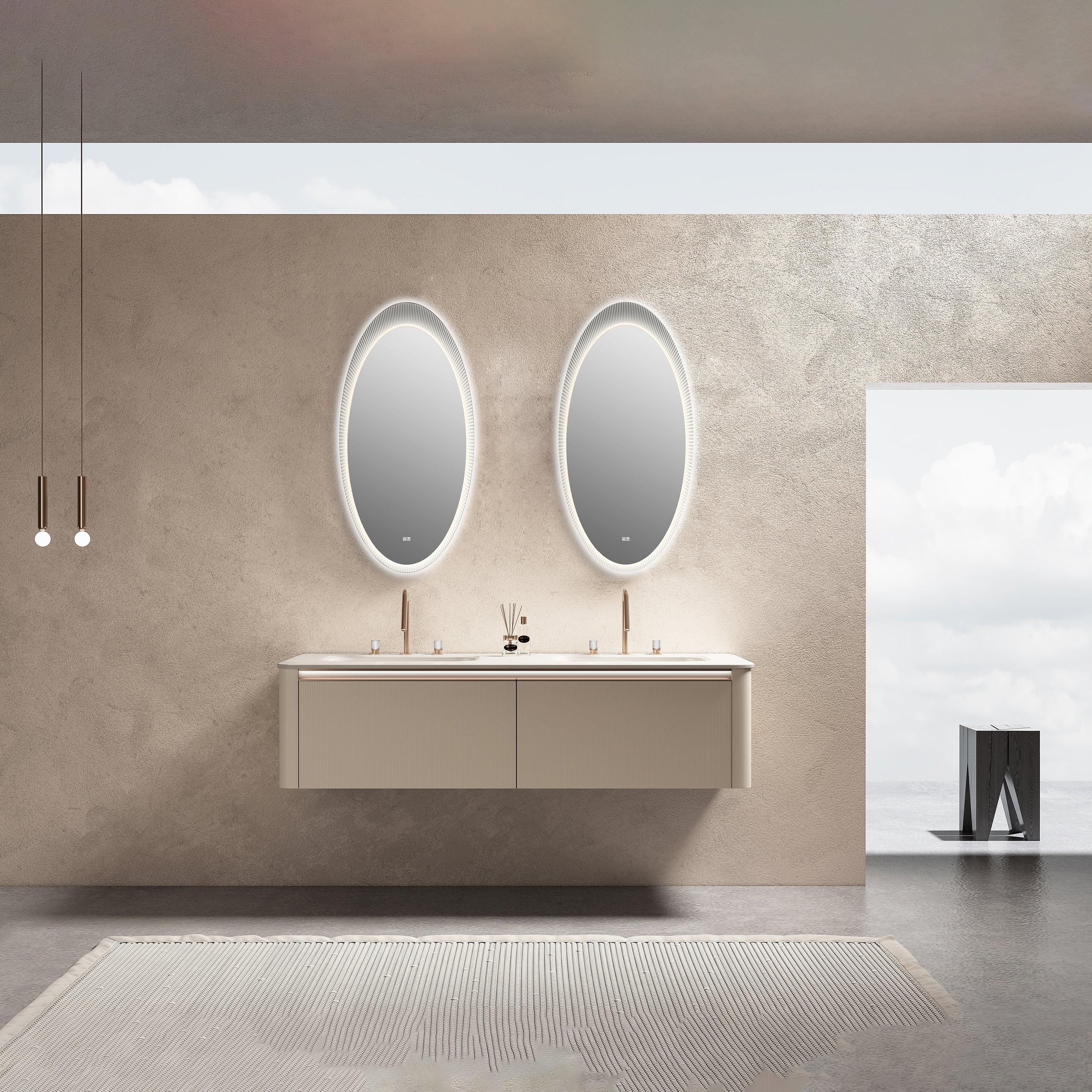 63" Milky Brown Floating LED Vanity with Kari Ice Jade Marble Countertop & Double Ceramic Sinks-Migration_Bathroom Vanities-DECOROLALA