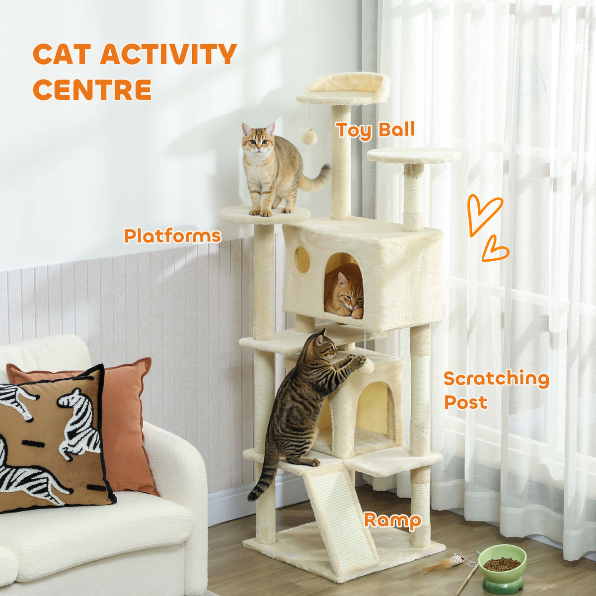 63" Multi-Level Cat Tree Tower with Scratching Posts - Cream White-Cats-DECOROLALA