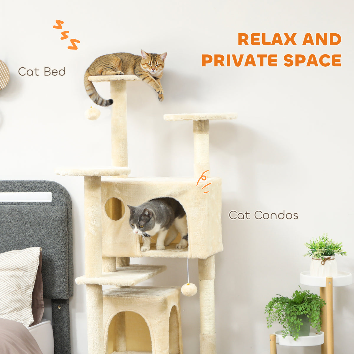 63" Multi-Level Cat Tree Tower with Scratching Posts - Cream White-Cats-DECOROLALA