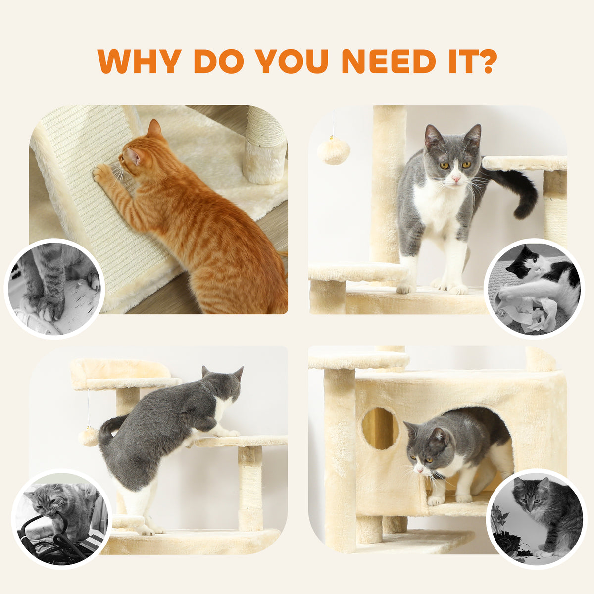 63" Multi-Level Cat Tree Tower with Scratching Posts - Cream White-Cats-DECOROLALA