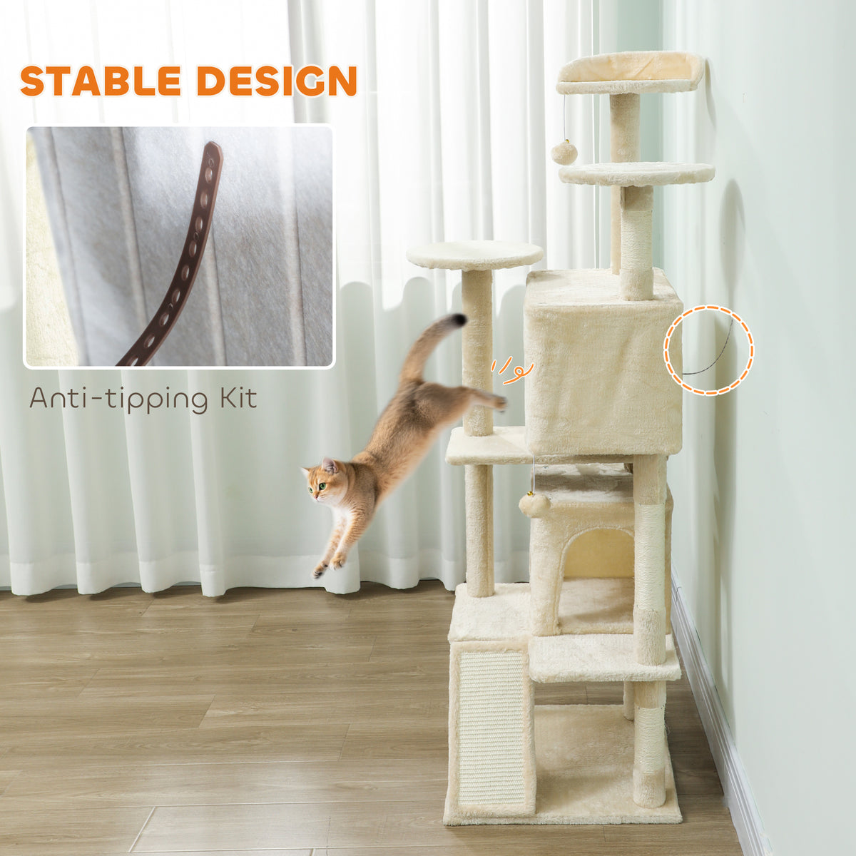 63" Multi-Level Cat Tree Tower with Scratching Posts - Cream White-Cats-DECOROLALA
