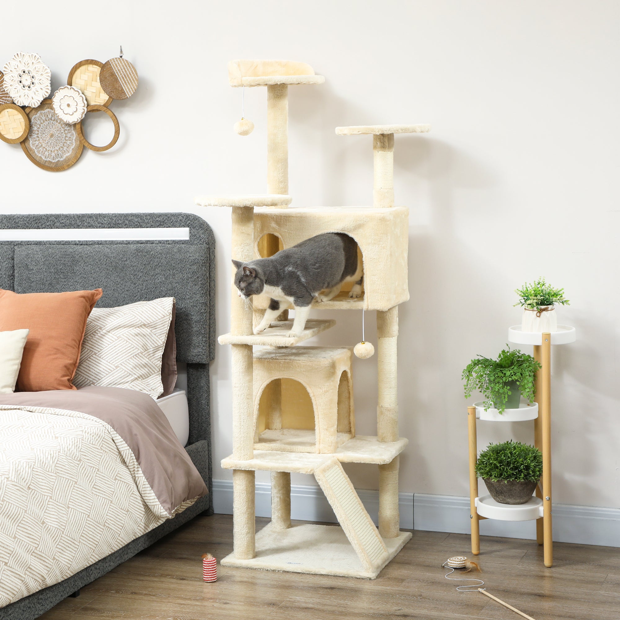 63" Multi-Level Cat Tree Tower with Scratching Posts - Cream White-Cats-DECOROLALA