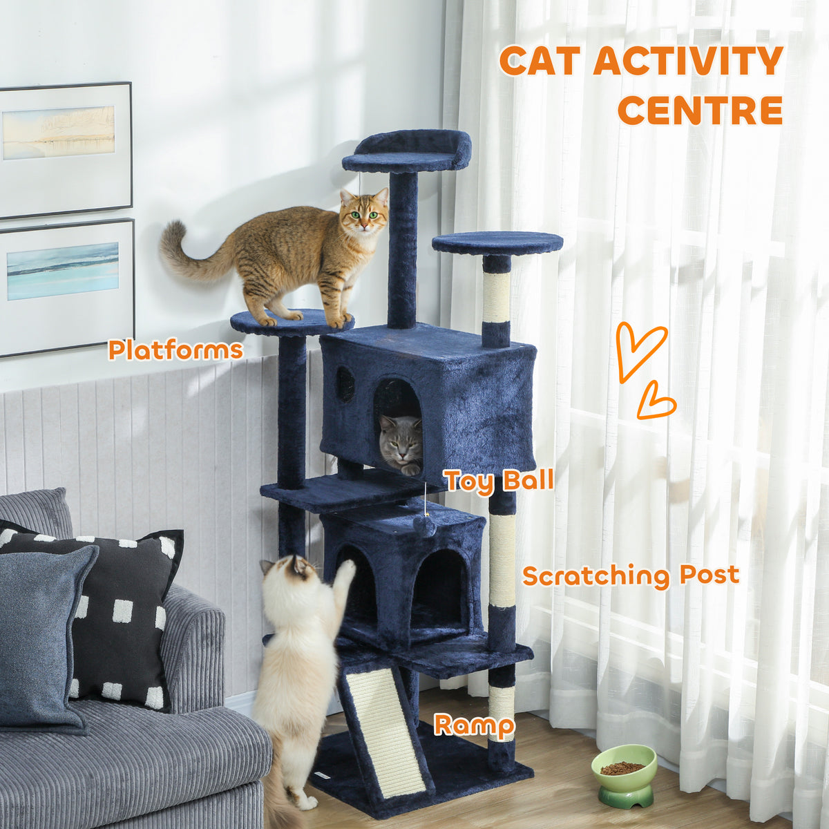 63" Multi-Level Cat Tree Tower with Scratching Posts - Dark Blue-Cats-DECOROLALA