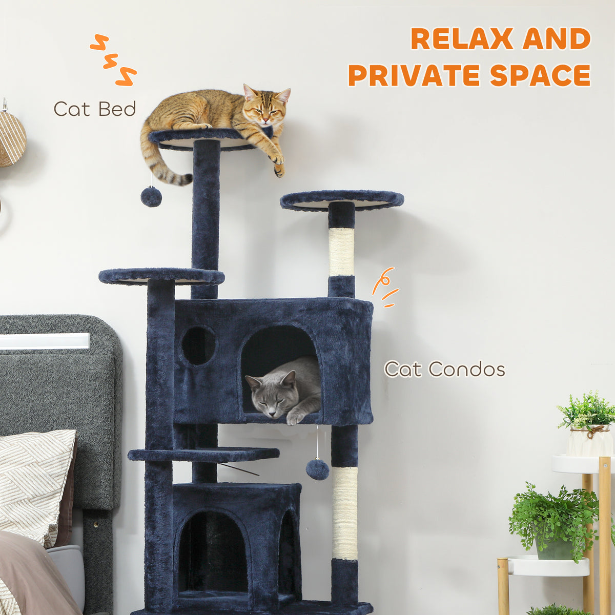 63" Multi-Level Cat Tree Tower with Scratching Posts - Dark Blue-Cats-DECOROLALA