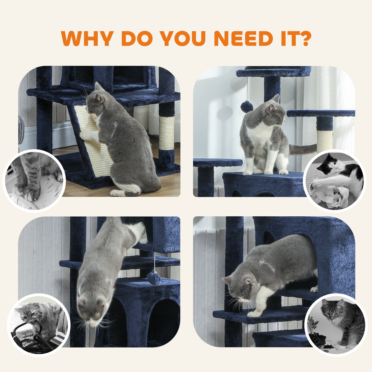 63" Multi-Level Cat Tree Tower with Scratching Posts - Dark Blue-Cats-DECOROLALA