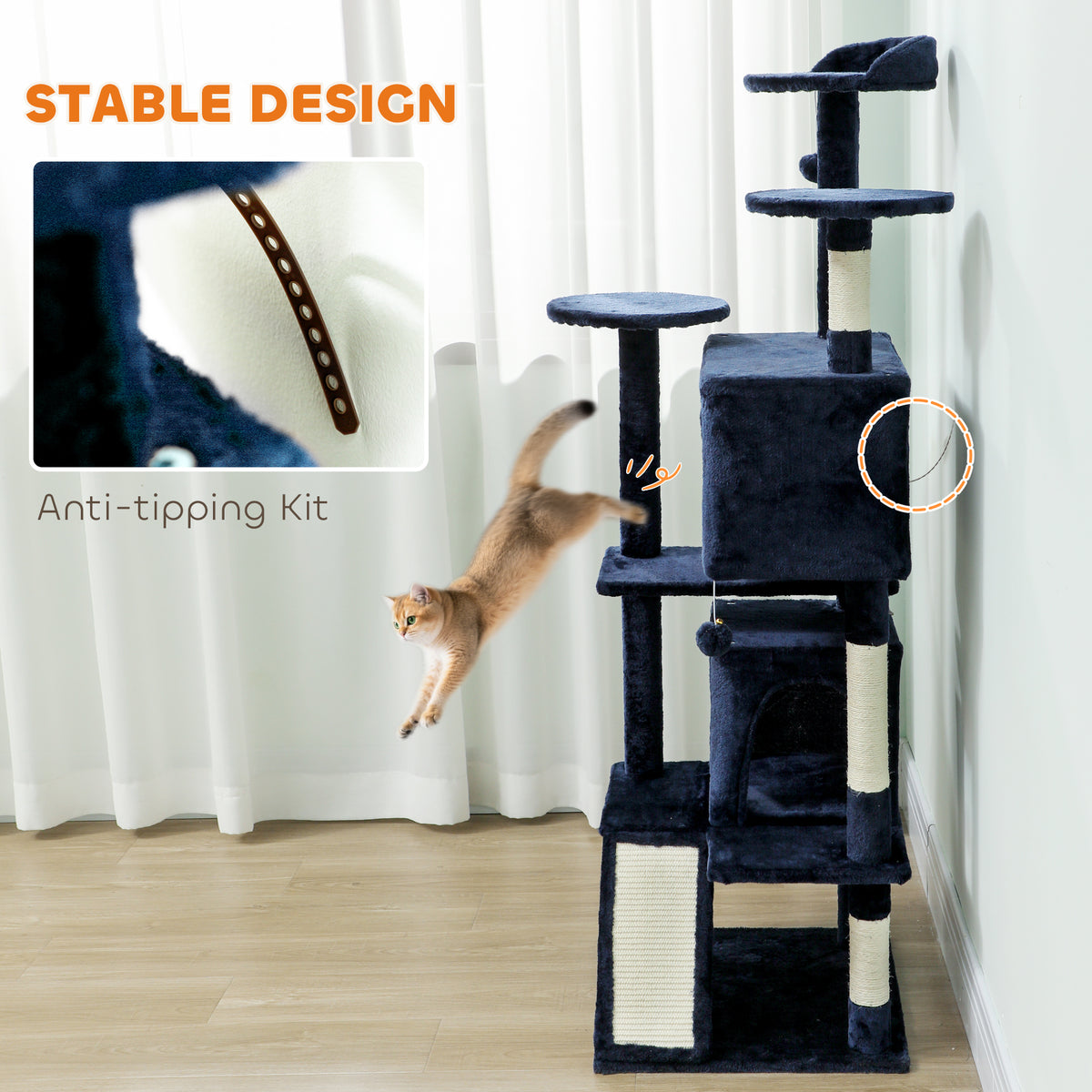 63" Multi-Level Cat Tree Tower with Scratching Posts - Dark Blue-Cats-DECOROLALA