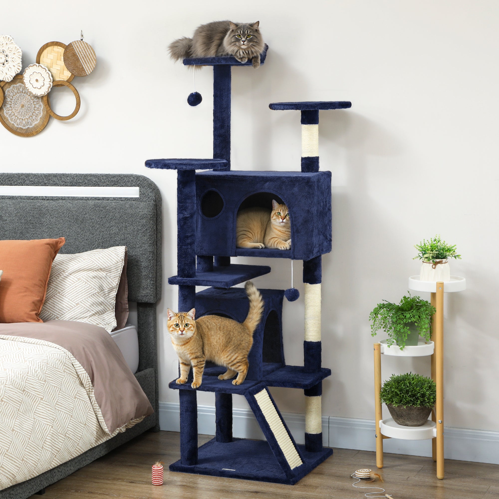 63" Multi-Level Cat Tree Tower with Scratching Posts - Dark Blue-Cats-DECOROLALA