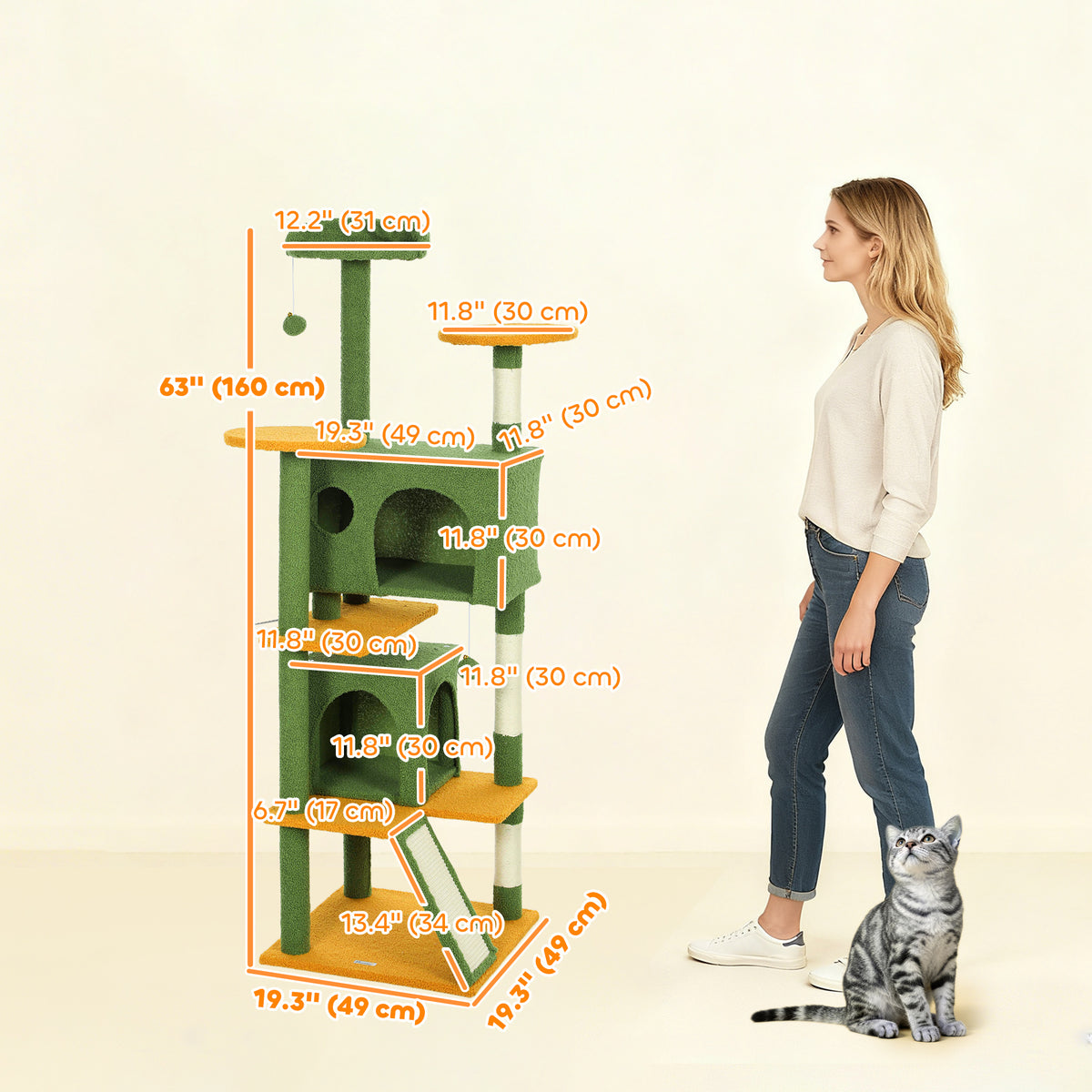 63" Multi-Level Cat Tree Tower with Scratching Posts - Green-Cats-DECOROLALA
