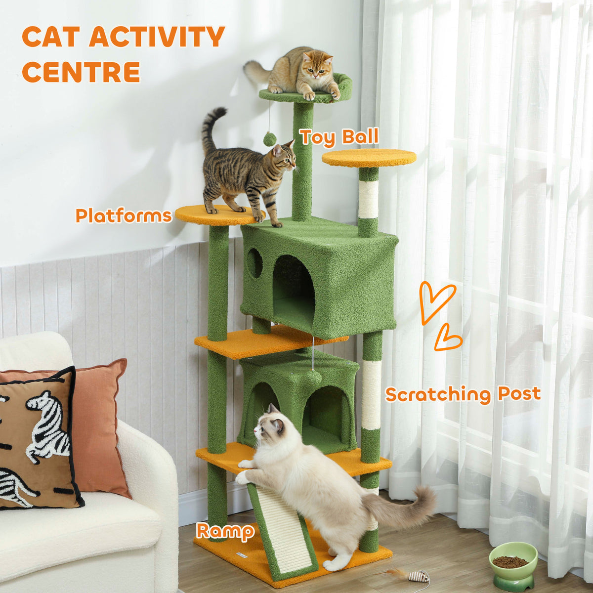 63" Multi-Level Cat Tree Tower with Scratching Posts - Green-Cats-DECOROLALA