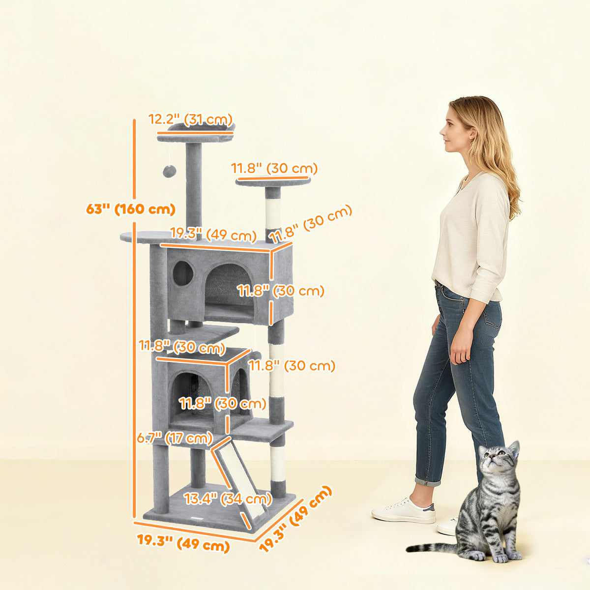 63" Multi-Level Cat Tree Tower with Scratching Posts - Light Grey-Cats-DECOROLALA