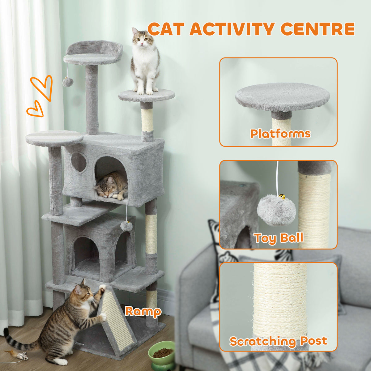63" Multi-Level Cat Tree Tower with Scratching Posts - Light Grey-Cats-DECOROLALA