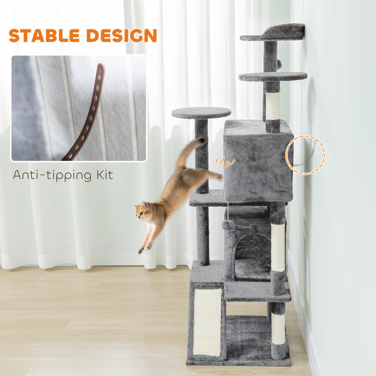 63" Multi-Level Cat Tree Tower with Scratching Posts - Light Grey-Cats-DECOROLALA