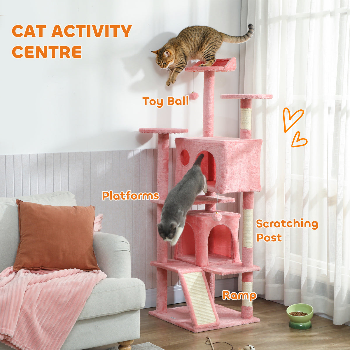63" Multi-Level Cat Tree Tower with Scratching Posts - Pink-Cats-DECOROLALA