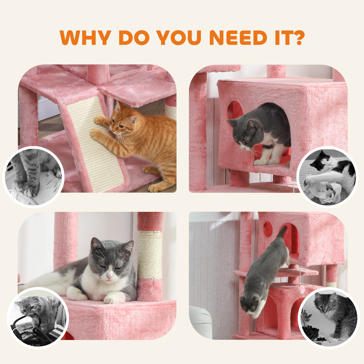 63" Multi-Level Cat Tree Tower with Scratching Posts - Pink-Cats-DECOROLALA