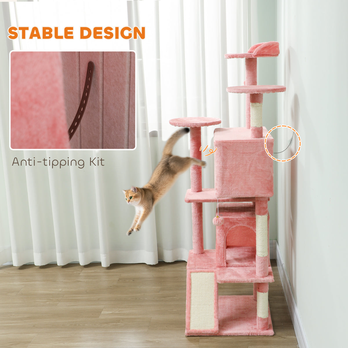 63" Multi-Level Cat Tree Tower with Scratching Posts - Pink-Cats-DECOROLALA