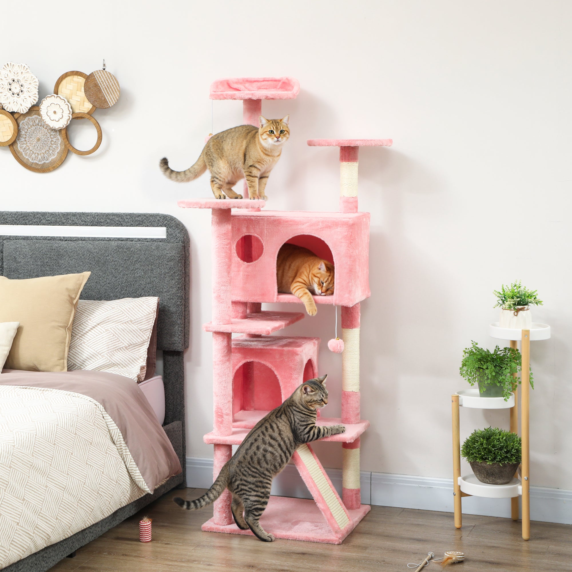 63" Multi-Level Cat Tree Tower with Scratching Posts - Pink-Cats-DECOROLALA