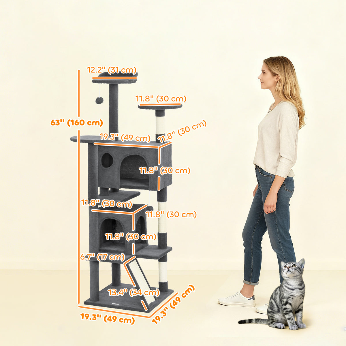 63" Multi-Level Cat Tree with Scratching Posts and Condos - Dark Grey-Cats-DECOROLALA