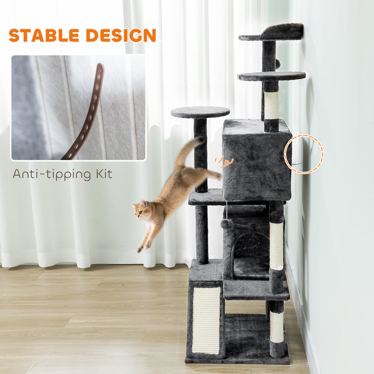 63" Multi-Level Cat Tree with Scratching Posts and Condos - Dark Grey-Cats-DECOROLALA