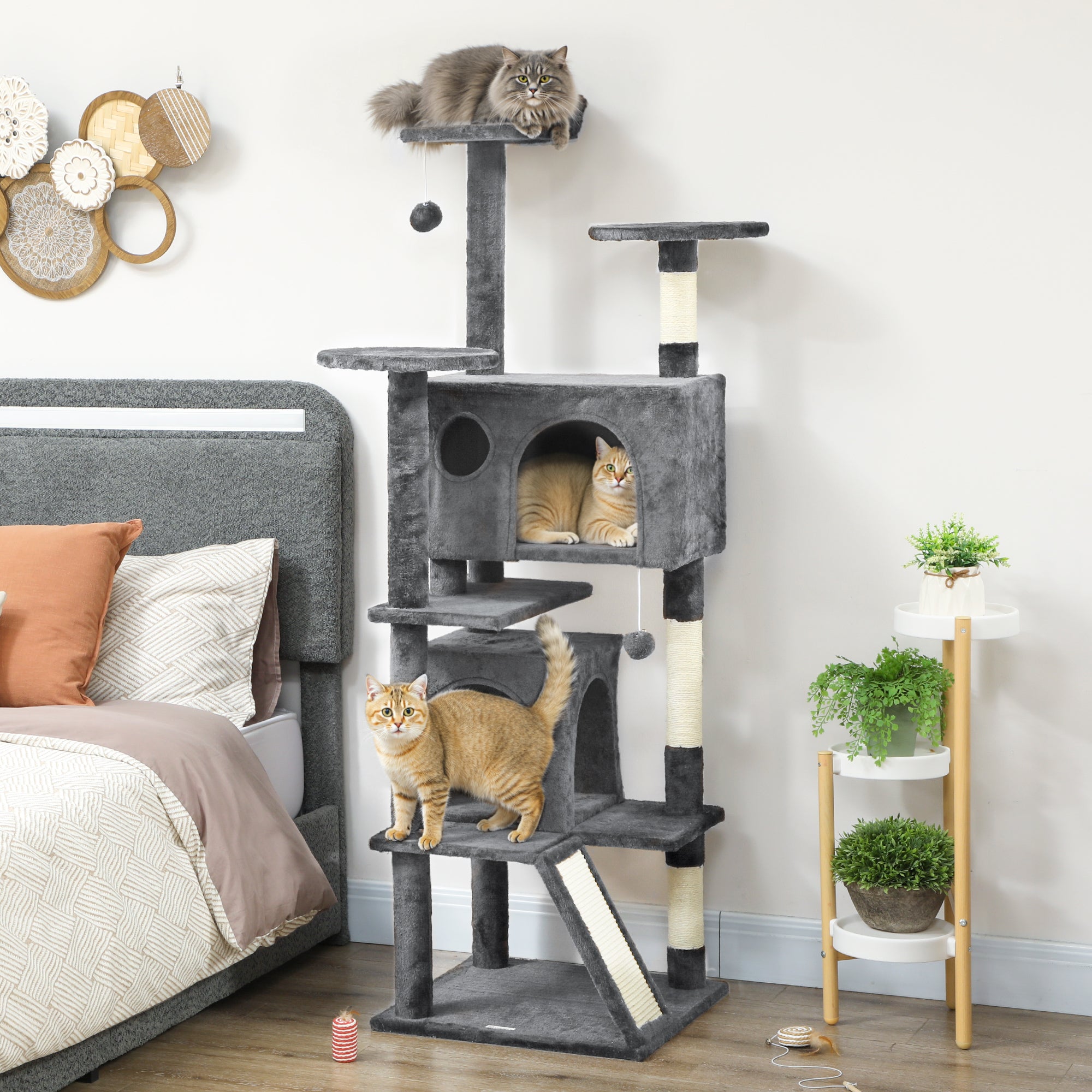 63" Multi-Level Cat Tree with Scratching Posts and Condos - Dark Grey-Cats-DECOROLALA