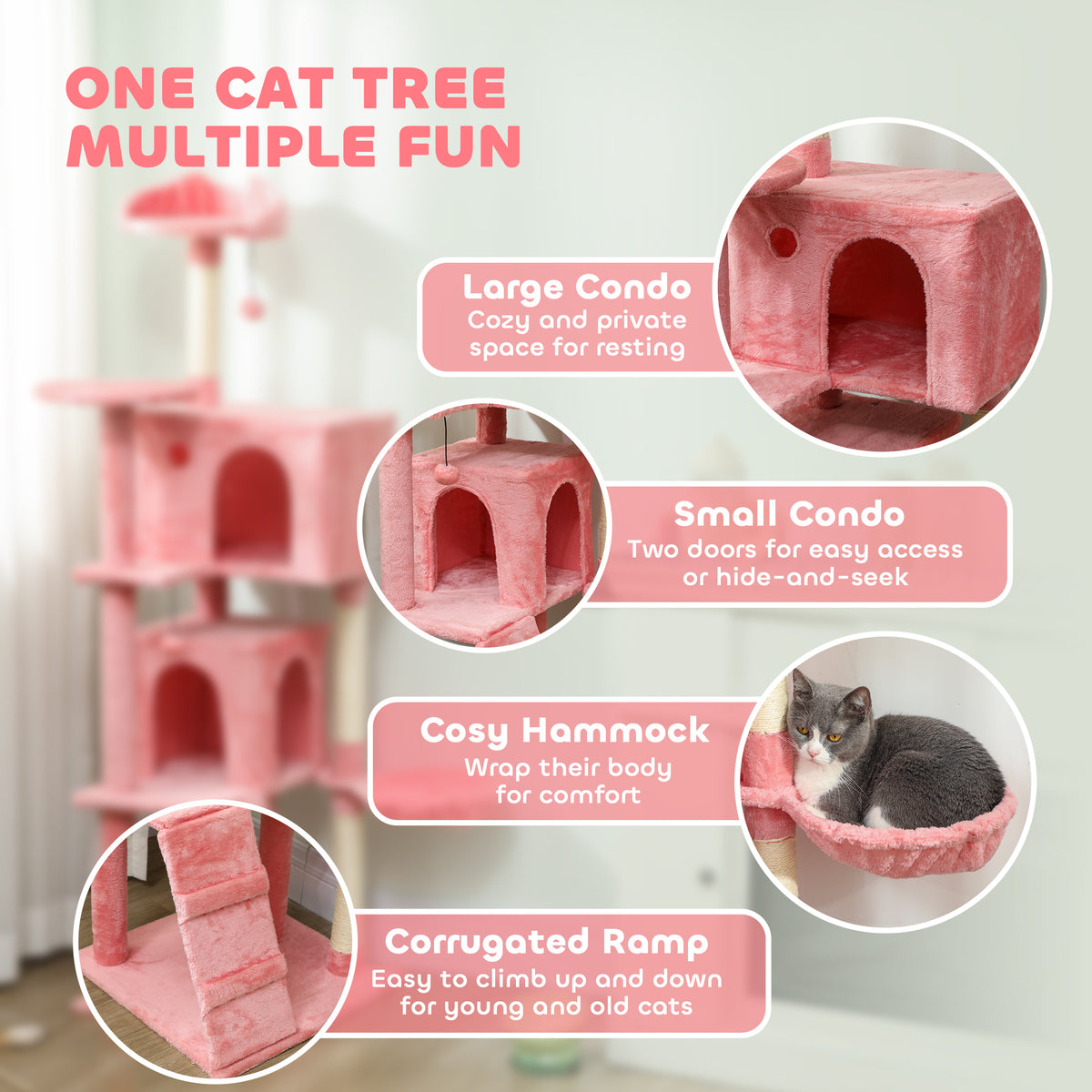 63" Multi-Level Cat Tree with Sisal Posts & Hammock - Pink-Cats-DECOROLALA