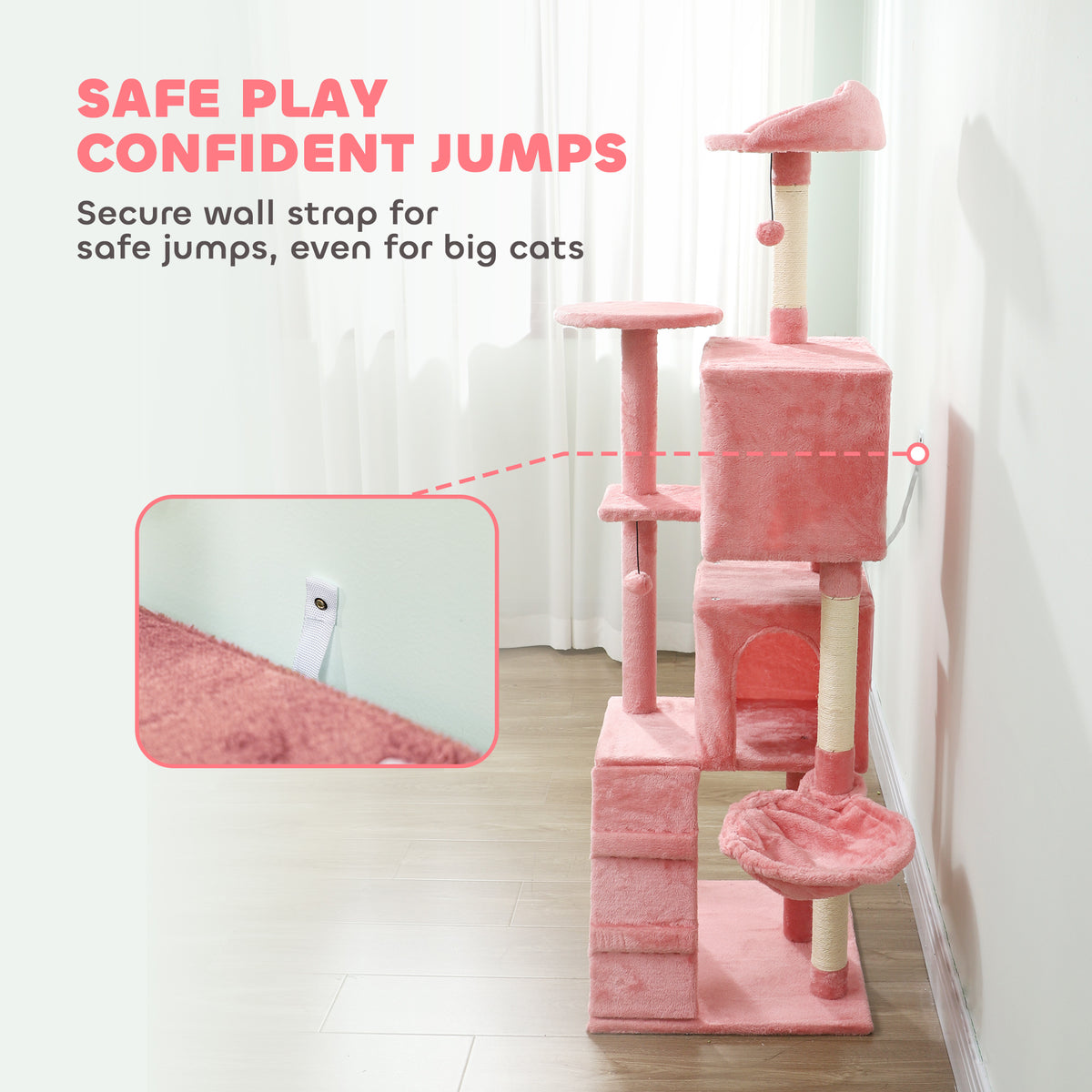 63" Multi-Level Cat Tree with Sisal Posts & Hammock - Pink-Cats-DECOROLALA