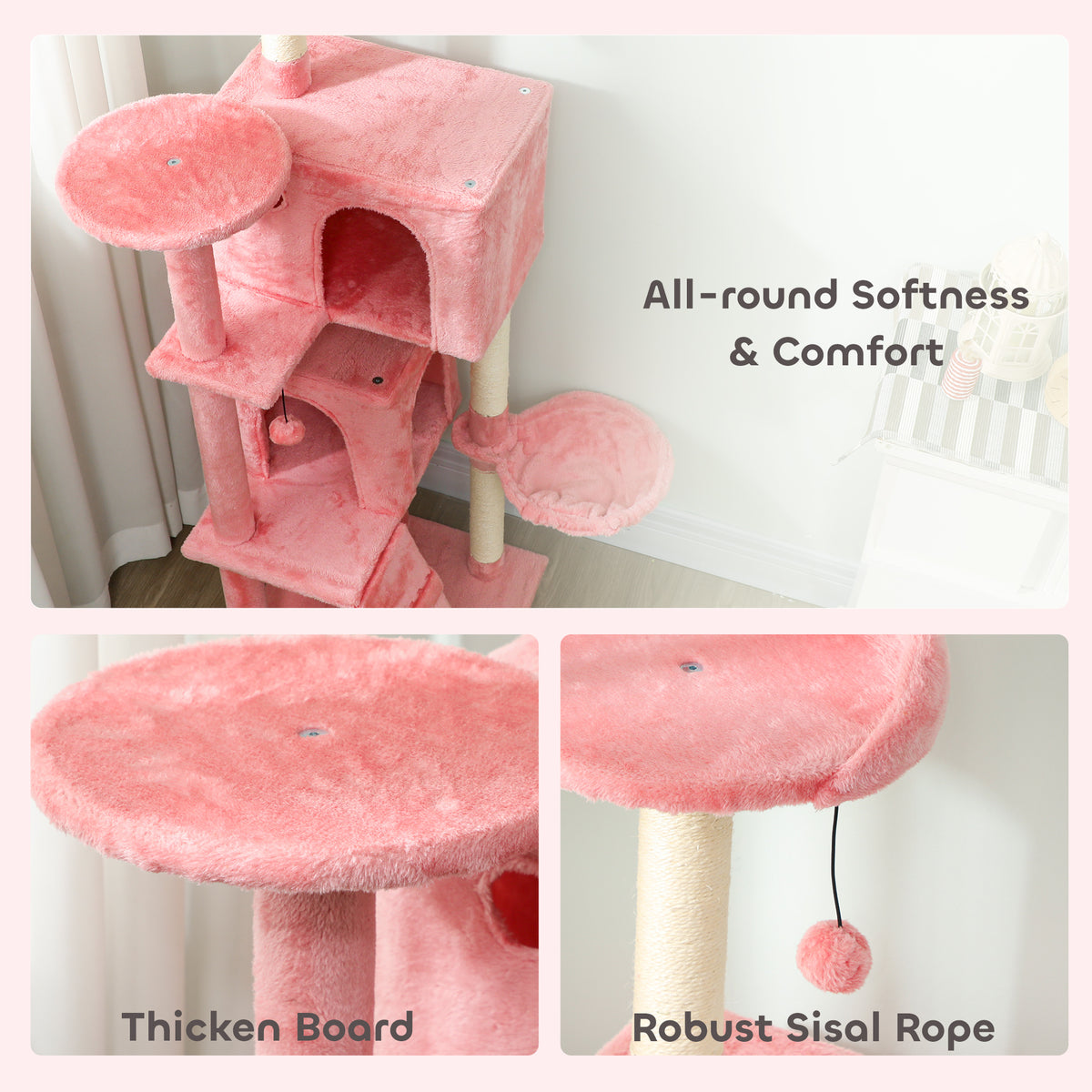 63" Multi-Level Cat Tree with Sisal Posts & Hammock - Pink-Cats-DECOROLALA