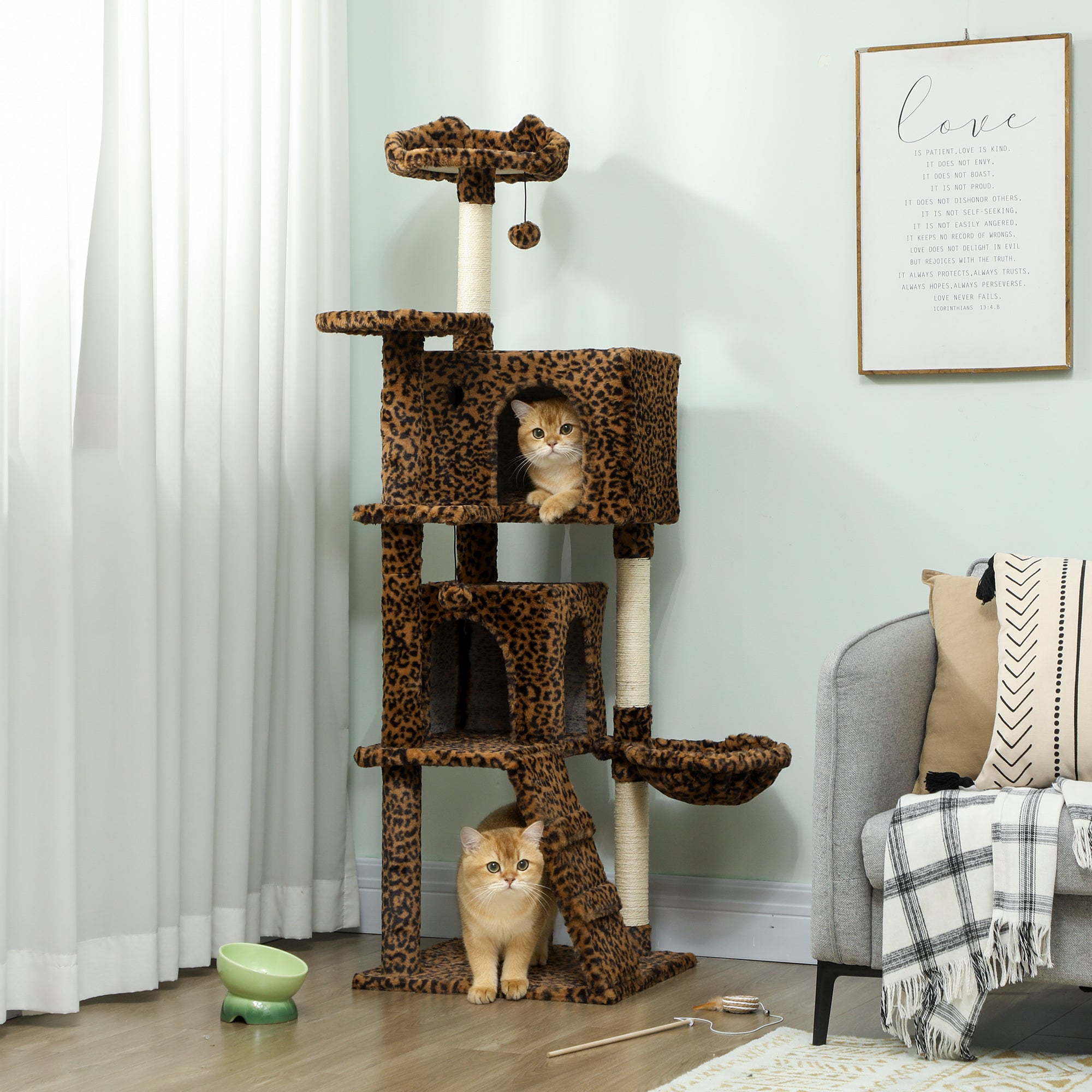 63" Multi-Level Cat Tree with Sisal Posts - Leopard Print-Cats-DECOROLALA