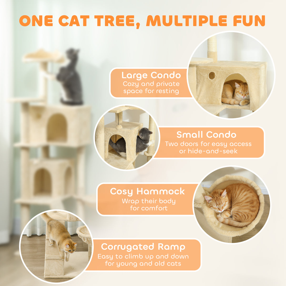 63" Multi-Level Cat Tree with Sisal Scratching Posts - Beige-Cats-DECOROLALA