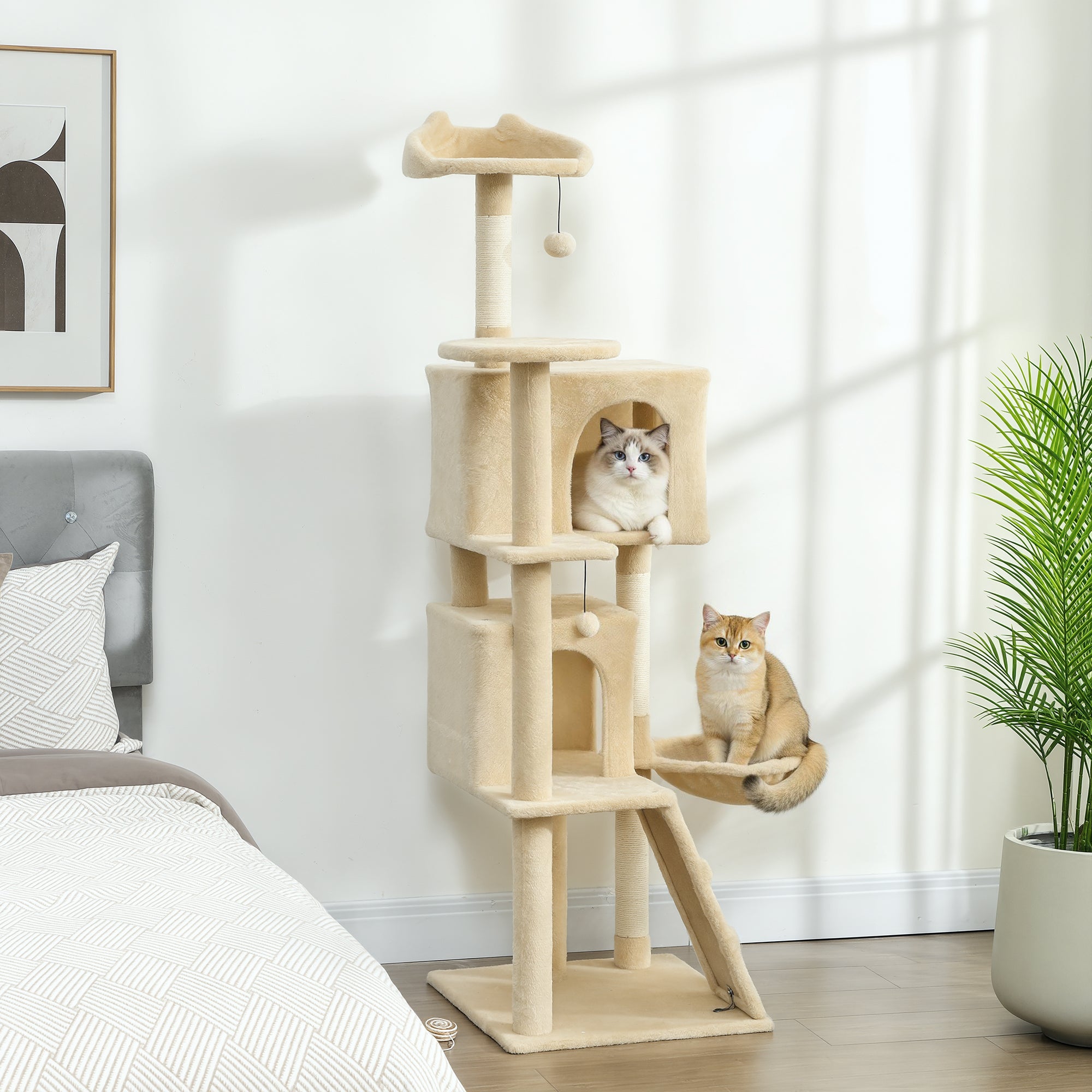 63" Multi-Level Cat Tree with Sisal Scratching Posts - Beige-Cats-DECOROLALA