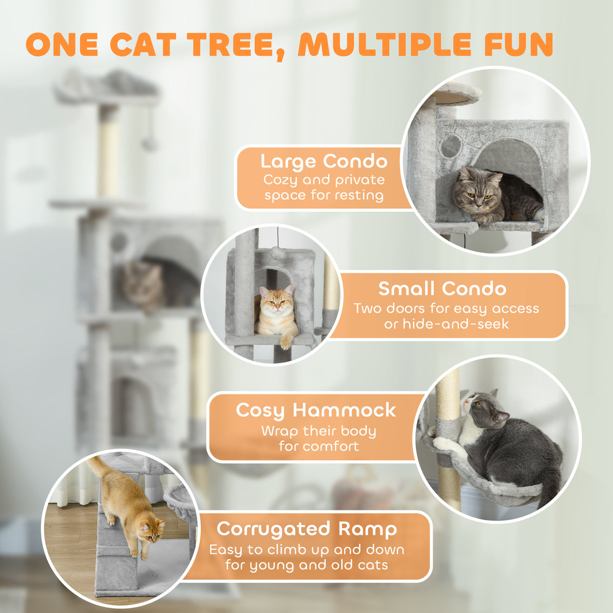 63" Multi-Level Cat Tree with Sisal Scratching Posts - Light Grey-Cats-DECOROLALA