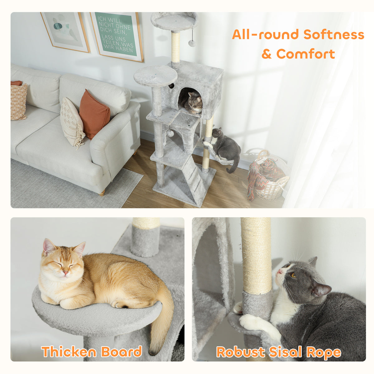 63" Multi-Level Cat Tree with Sisal Scratching Posts - Light Grey-Cats-DECOROLALA