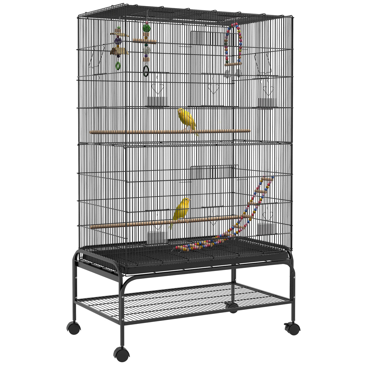 63" Open Top Bird Cage with Rolling Stand and Toys - Black-Birds-DECOROLALA