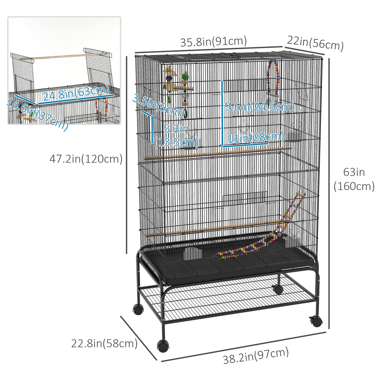 63" Open Top Bird Cage with Rolling Stand and Toys - Black-Birds-DECOROLALA