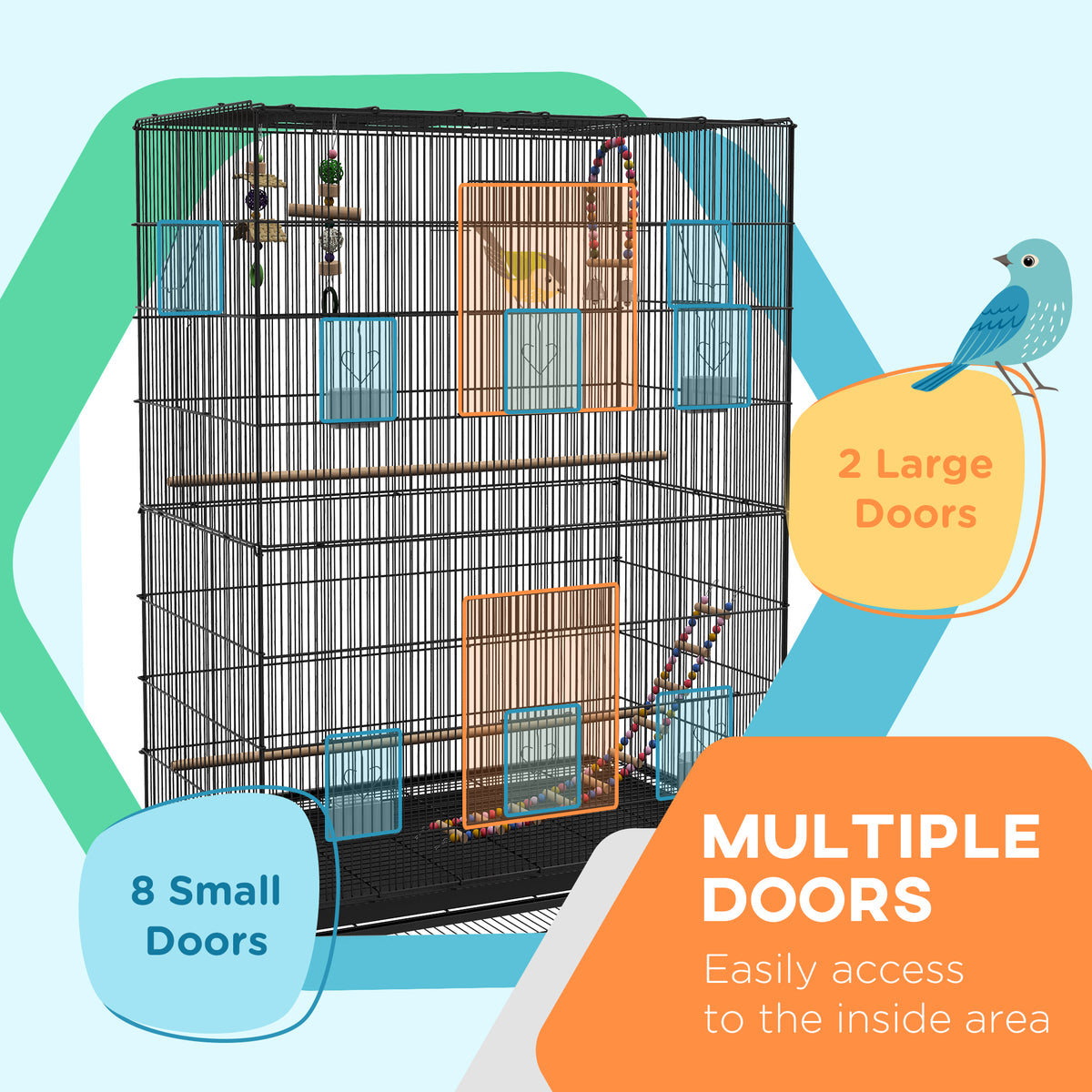 63" Open Top Bird Cage with Rolling Stand and Toys - Black-Birds-DECOROLALA