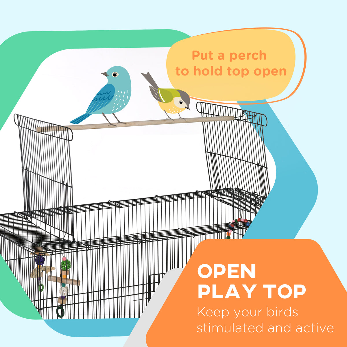 63" Open Top Bird Cage with Rolling Stand and Toys - Black-Birds-DECOROLALA